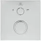 Thermostat von Ideal Standard mit einem runden Einstellrad in der Mitte und zwei Symbolen oben für Dusche und Wasserfluss. Gehäuse in Chromoptik auf weißem Hintergrund.